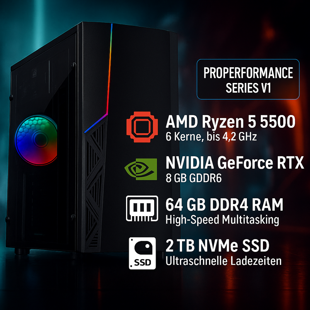 ProPerformance Series V1 – Mittelklasse Gaming-PC mit Ryzen 5 5500 & RTX 3050 | 16–64 GB RAM | Konfigurierbar