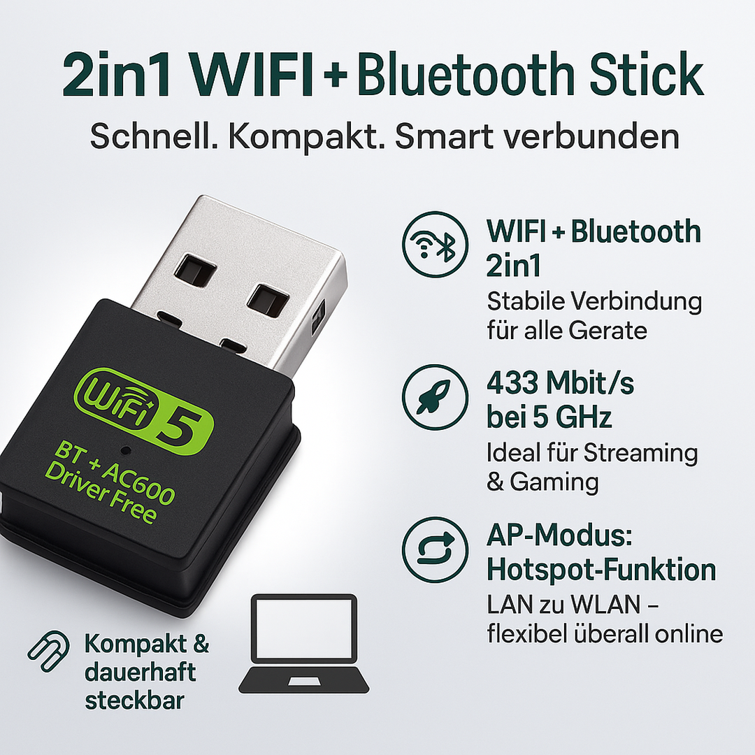 2-in-1 WIFI + Bluetooth USB Stick (600 Mbit/s; - für drahtlose Verbindungen) kaufen bei MJtronics