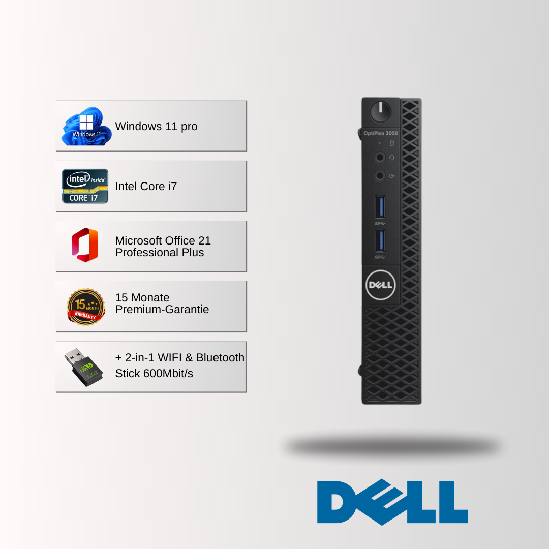 Mini PC DELL OPTIPLEX 3050 i3/i5/i7 7. Gen, 8-32GB RAM, 128GB-1TB SSD, Win 11 Pro, Office 21 - konfigurierbar