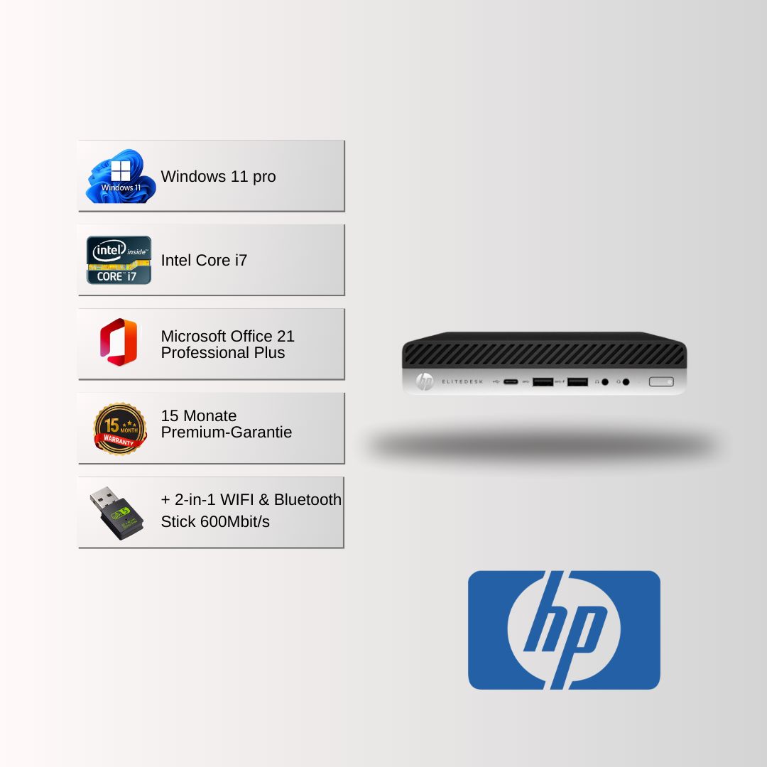 HP EliteDesk 800 G5 Mini PC i5/i7/i9 9. Gen, 8-64GB RAM, 128GB-1TB SSD, Win 11 Pro, Office 21 - konfigurierbar