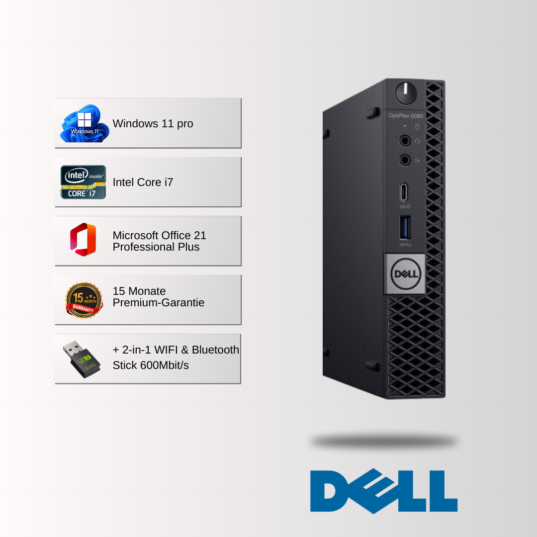 Dell Optiplex 5060 Mini PC i3/i5/i7 8. Gen, 8-64GB RAM, 128GB-1TB SSD, Win 11 Pro, Office 21 - konfigurierbar