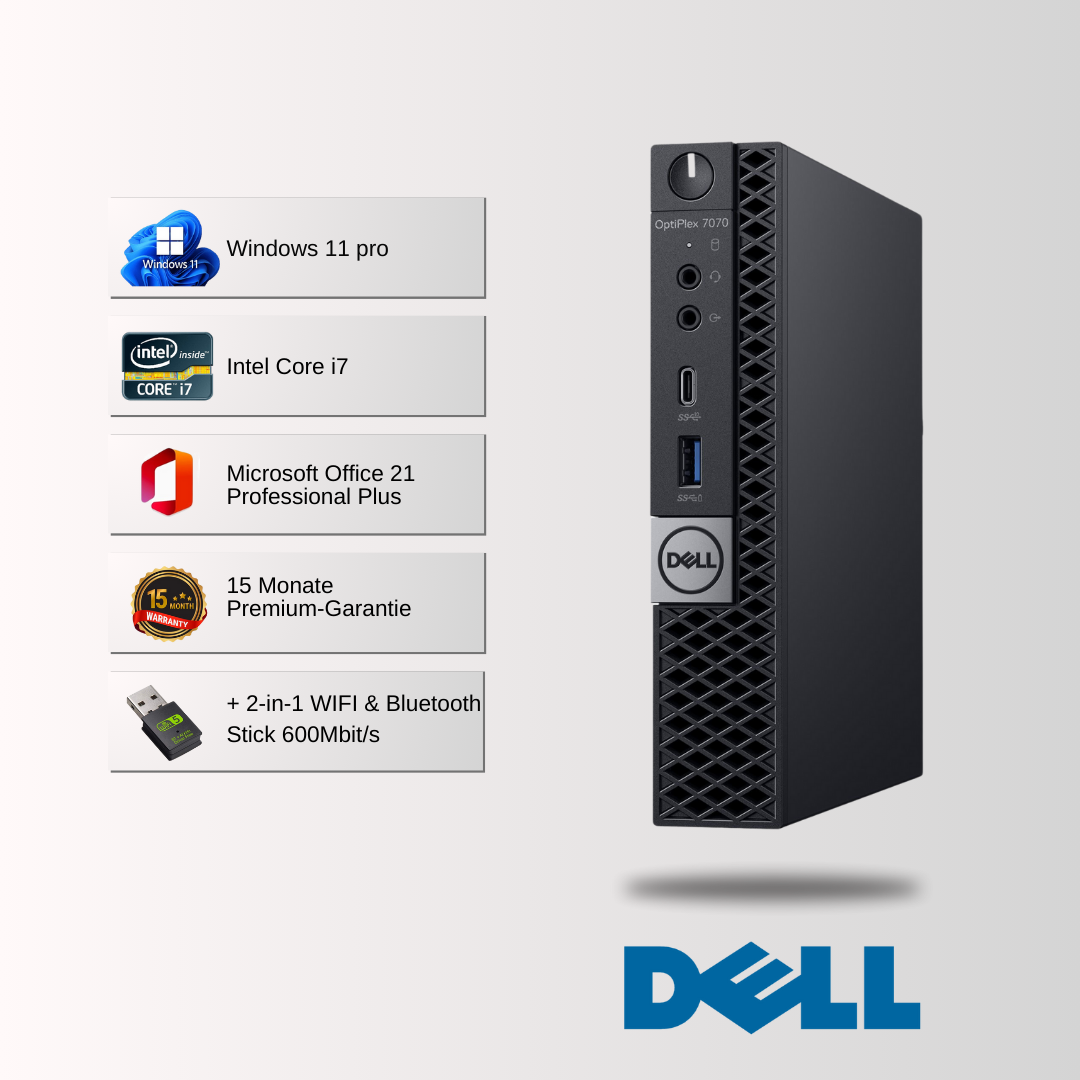 Dell Optiplex 7070 Micro PC i5/i7/i9 9. Gen, 8-64GB RAM, 128GB-1TB SSD, Win 11 Pro, Office 21 - konfigurierbar